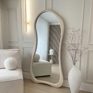 Floor Mirror, Semicircular Full Length Mirror 66"x36" Full Body Mirror, White P.O Wood Frame, Floor Standing / Wall Mount Freestanding